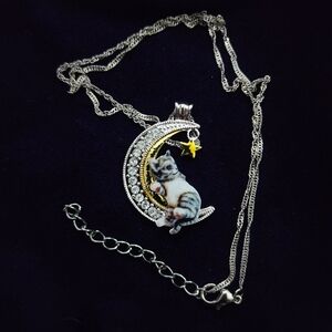 Brand NEW, Adorable Acrylic Cat Print Sitting on a Rhinestone Studded Moon